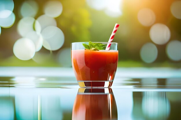 A glass of tomato juice with a straw on the top.