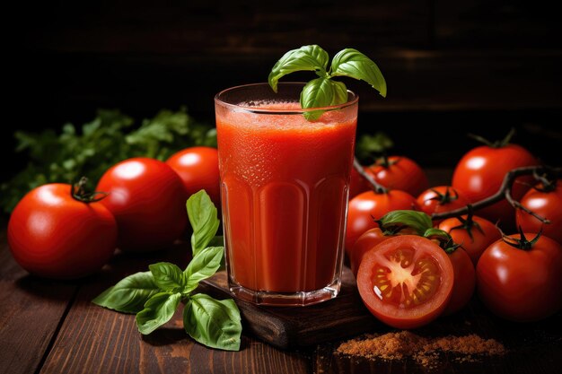 A glass of tomato juice with tomatoes on a wooden table