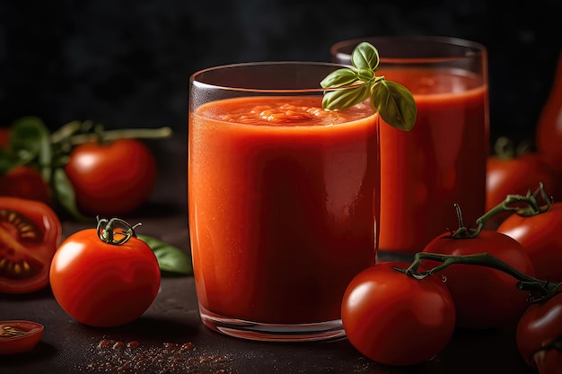 Glass Of Tomato Smoothie Surrounded By Fresh Tomato Slices Generative AI