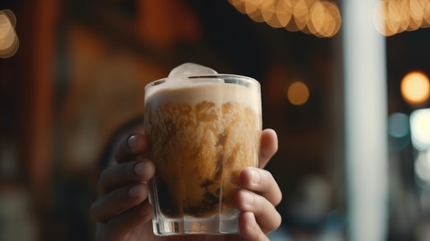 Glass of traditional vietnamese coconut ice coffee in woman hand Illustration AI Generative