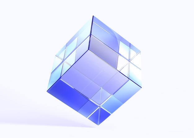 Glass translucent cube crystal block with hologram gradient texture 3d render icon Clear square box with blue light refraction abstract geometric shape isolated graphic element 3D illustration