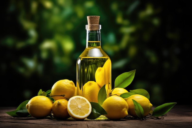 a glass transparent bottle standing on a table among lemons