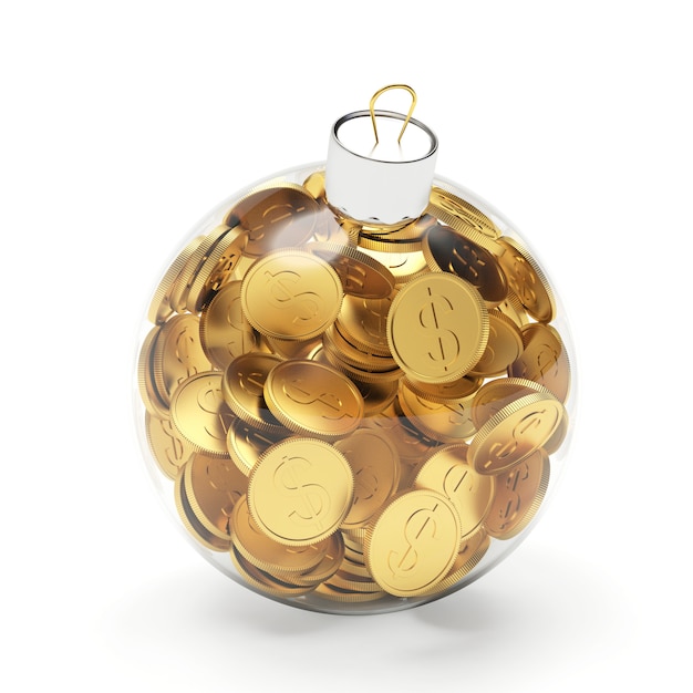 Glass transparent Christmas ball full of dollar coins