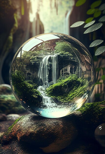 Glass transparent round ball there is agreen oasis with waterfall and flowers inside super detailed