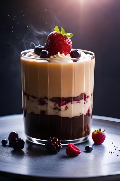 A glass of trifle with berries on a plate.