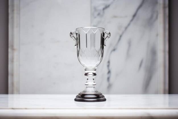 Foto trofeo di vetro su uno scaffale di marmo con illuminazione morbida