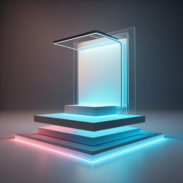 A glass trophy with a blue box with a light on it.