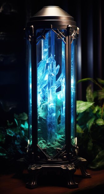 A glass tube with a blue light inside