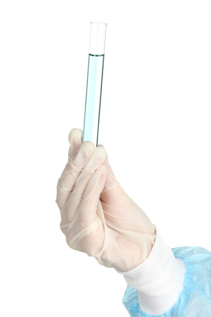 glass tube with fluid in scientist hand during medical test isolated on white