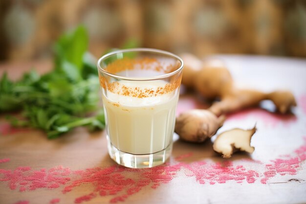 Foto un bicchiere di succo di rapa con un po' di fiocchi di peperoncino circondati da rapa