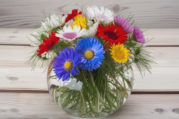 Glass vase filled with colorful cornflowers and chamomiles perfect for any occasion