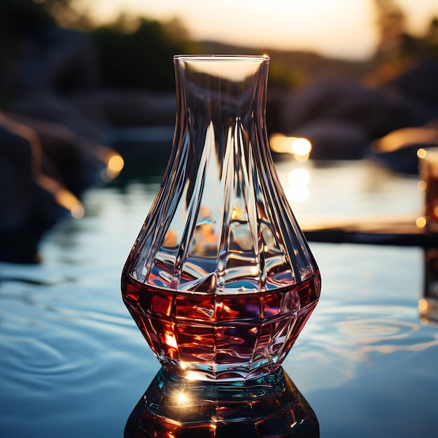 a glass vase is sitting on a table with a reflection of the sun behind it