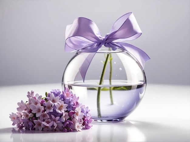 Glass Vase Round with Lilac Flowers Inside