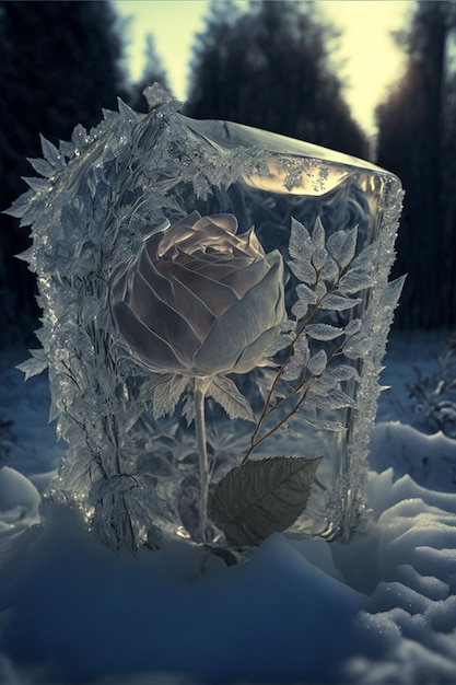 Glass vase sitting on top of a snow covered ground generative ai