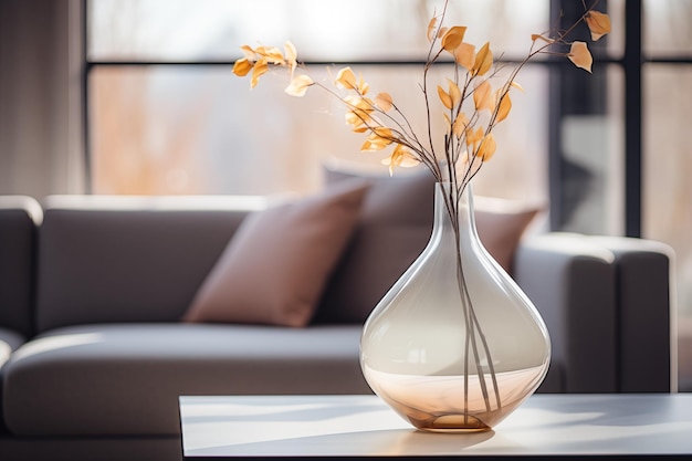 Glass vase on table on modern blurred room background