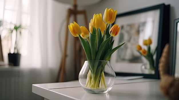 A glass vase of tulips sits on a white table in front of a framed picture of a framed picture of a woman.