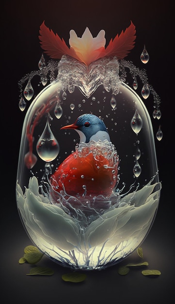 Glass vase with a bird inside of it generative ai