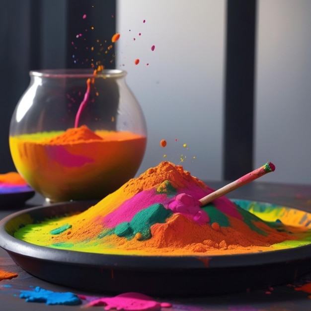 Photo a glass vase with colored powder and a spoon in it