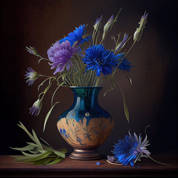 Glass vase with cornflowers Generative AI