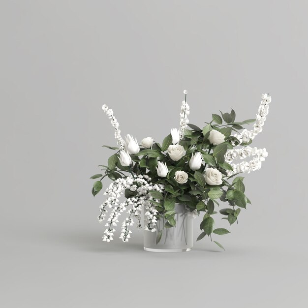 Glass vase with decorative white flowers isolated on gray background