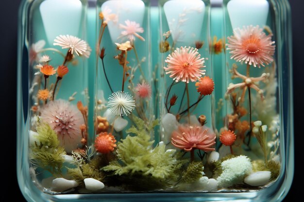 a glass vase with flowers and coral in it