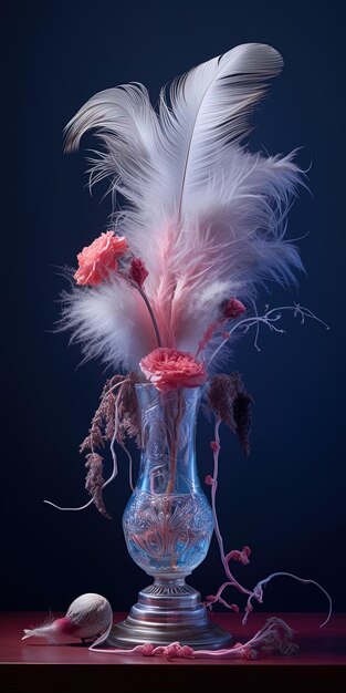 Photo a glass vase with flowers and feathers on it