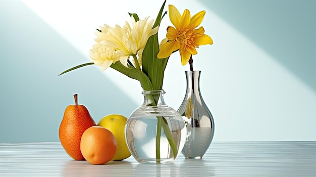 A glass vase with flowers and fruit on it