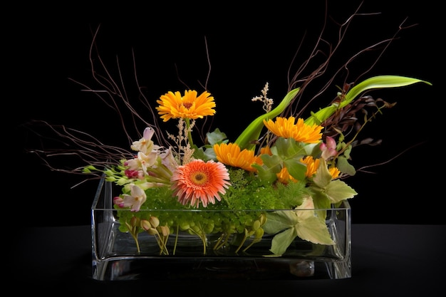 A glass vase with flowers in it and a black background.