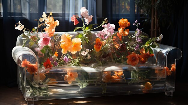 glass vase with flowers and roses on table in living room