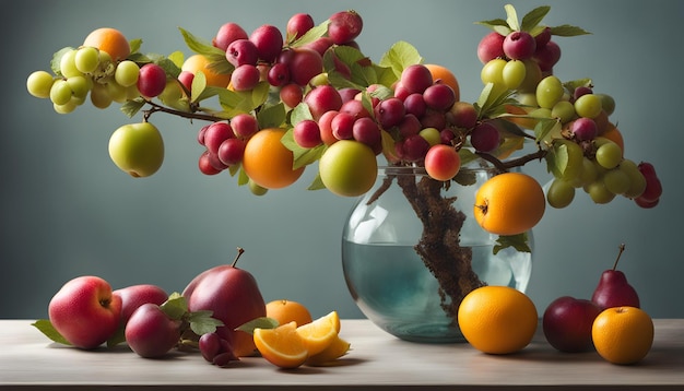 Photo a glass vase with fruits and oranges on a table