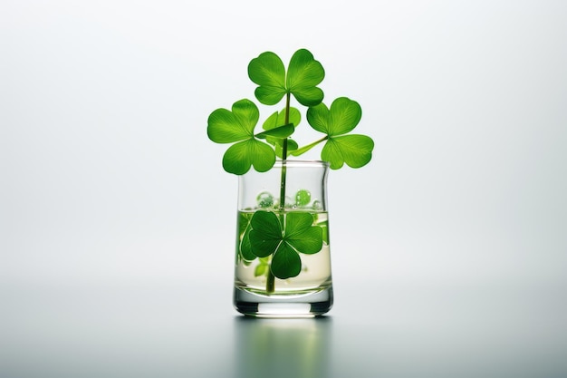 Стеклянная ваза с зеленым растением Шамрок в воде на светлом фоне Клевер для удачи Прозрачная ваза с водой День Святого Патрика Ботаника