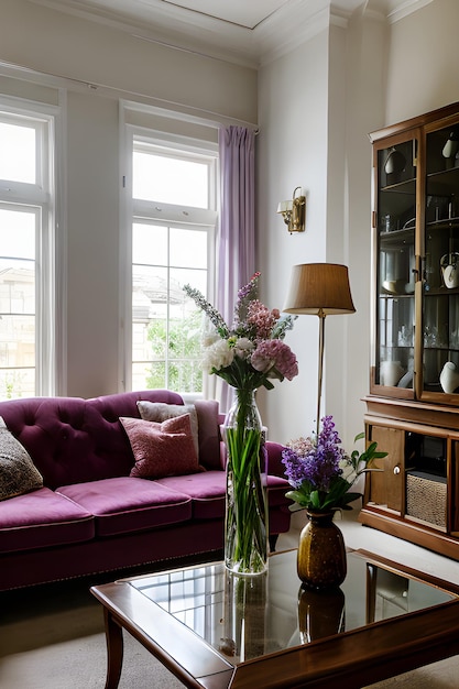 Foto un vaso di vetro con fiori di lilac su un divano nella stanza interna un vaso da fiore per il soggiorno e una lampada