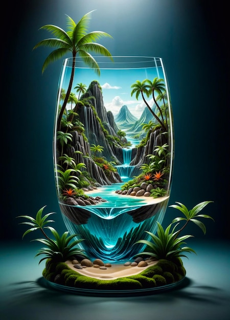 Glass vase with miniature landscape waterfall palm trees and beachGenerative AI