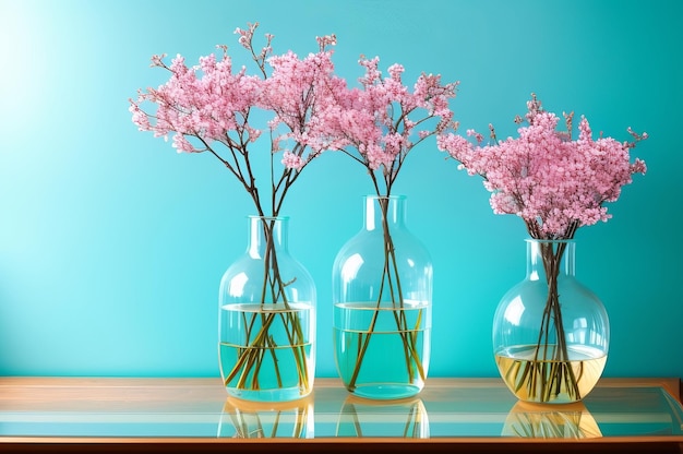 Glass vase with pink blossoms flowers twigs on glass table near empty blank turquoise wall AI Generated