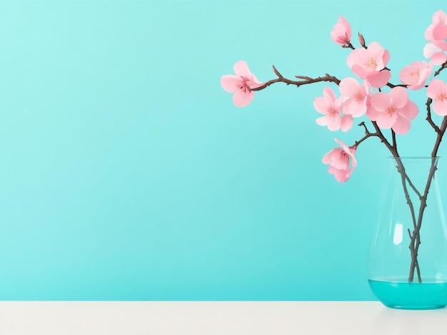 Photo glass vase with pink blossoms flowers twings