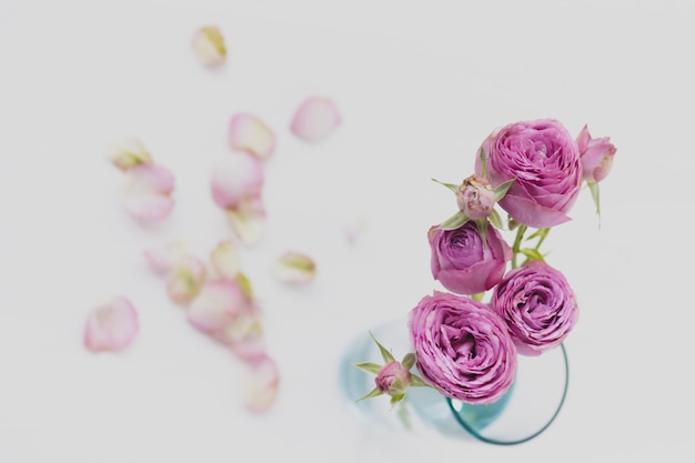 Glass vase with pink roses top view