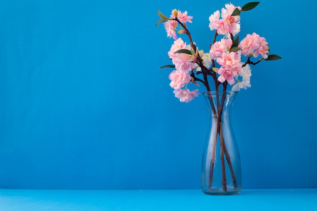사진 파란색 바탕에 핑크 사쿠라 꽃과 유리 꽃병
