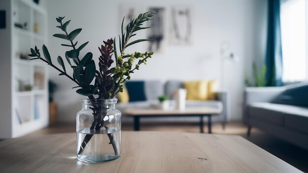 Photo glass vase with plants on the table against the blurred background of the living room in a scandin