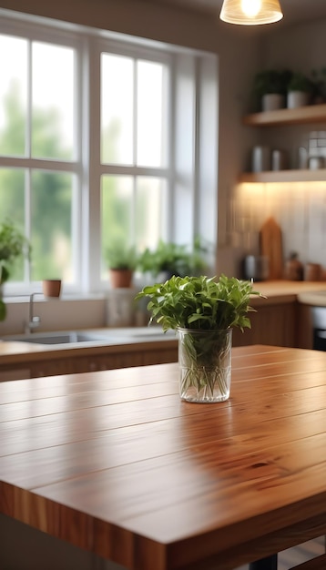 a glass vase with plants on a wooden table in a kitchen