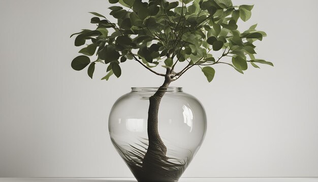 a glass vase with a tree in it and a plant in it