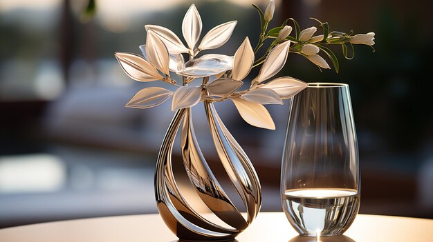 Foto un vaso di vetro con acqua e fiori su un vassoio ai generativa