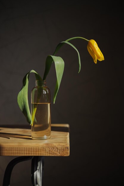 日光のある部屋のテーブルの上に黄色のチューリップの花を持つガラスの花瓶