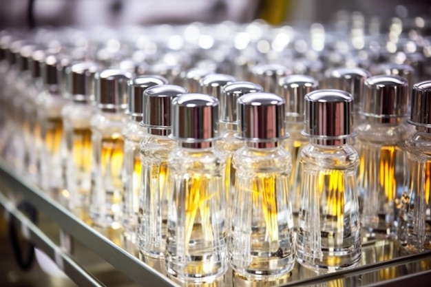 Glass vials used for perfume production in a factory setting