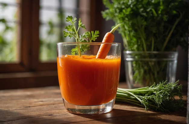 Foto un bicchiere di succo di carota vibrante con guarnizione fresca