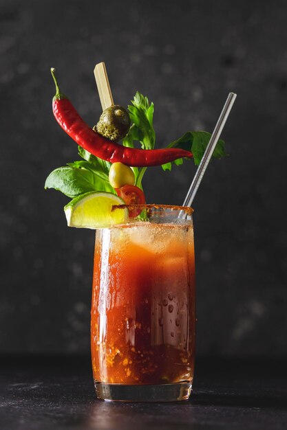 Glass of vodka and tomato juice drink with celery spices salt and ice in portion glasses Bloody Mary cocktail with many garnishes Alcoholic drink and ingredients at dark concrete table surface