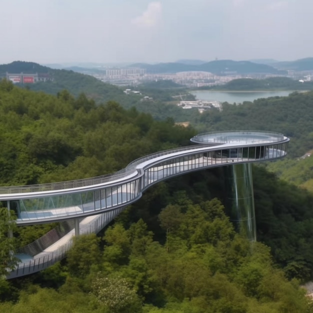 A glass walkway in the mountains with a view of the city of hangzhou.