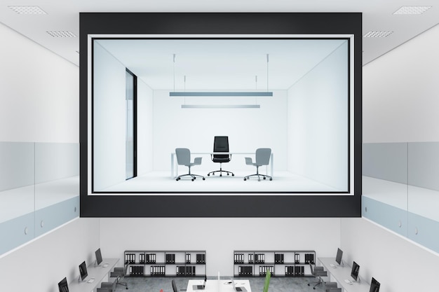 Photo glass wall ceo office interior in a two floor building with a large table and an office chair. 3d rendering mock up