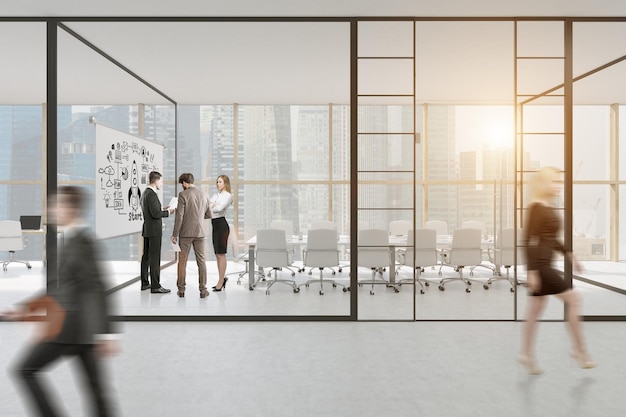 Glass wall office with businesspeople in formal clothes walking and discussing work issues. There is a motivational poster on one of the walls. 3d rendering