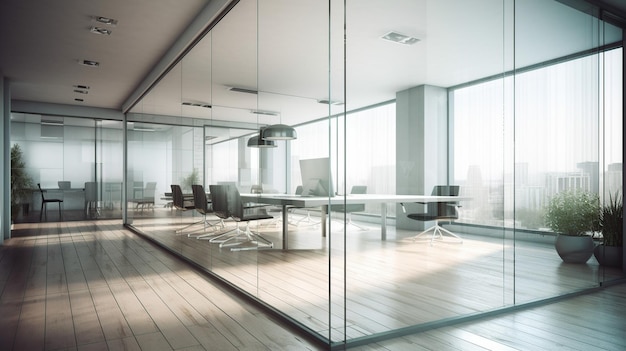 Glass wall in an office with a view of the city.