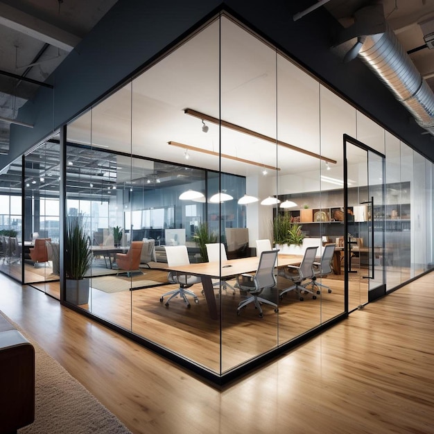 a glass wall of windows is a conference room with a couch and chairs.